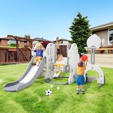 Toddler 7-in-1 Slide Swing Playground,Kids Climber Set w Hoop,Soccer Golf Gray