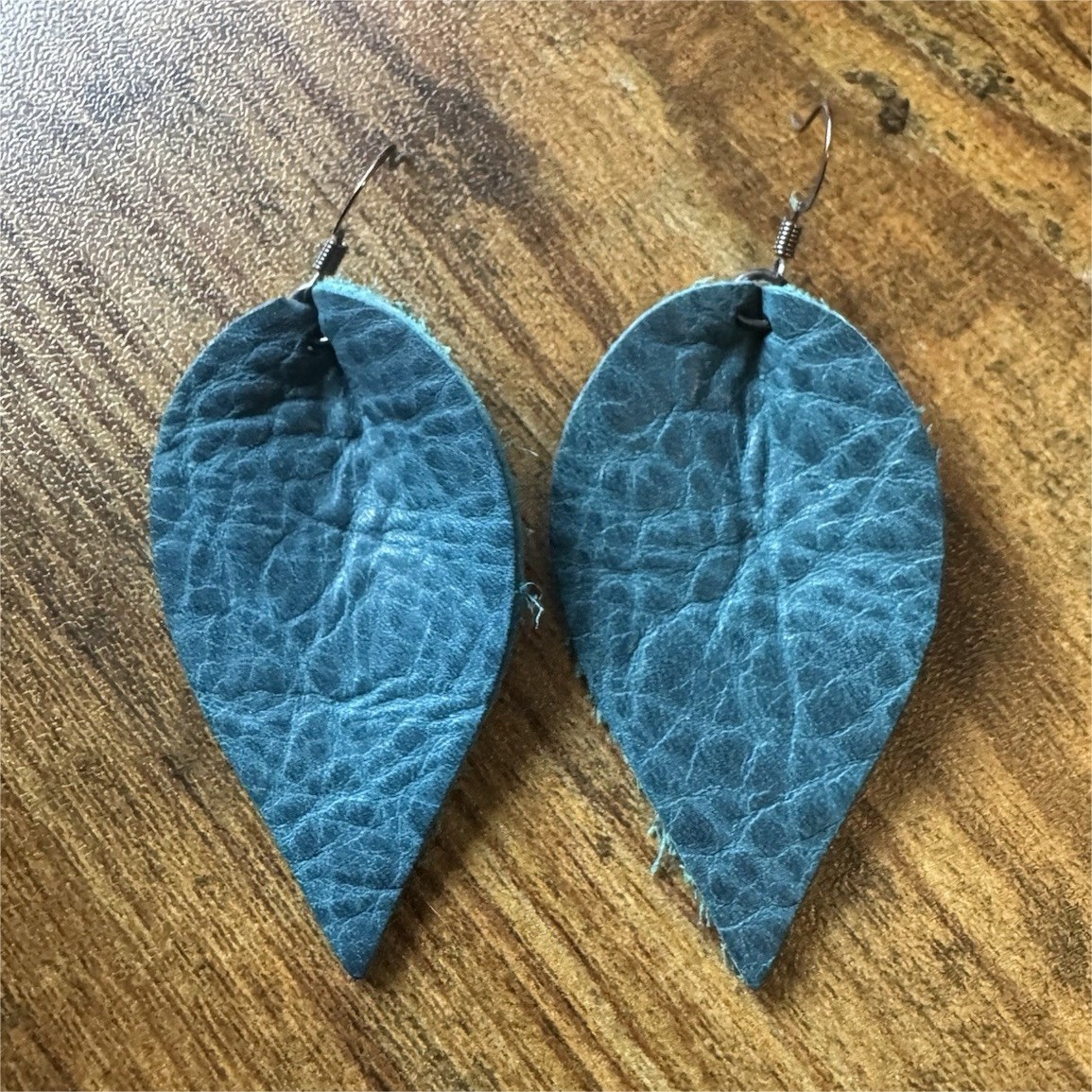 Handcrafted Blue Leather Leaf Dangle Earrings for… - image 1