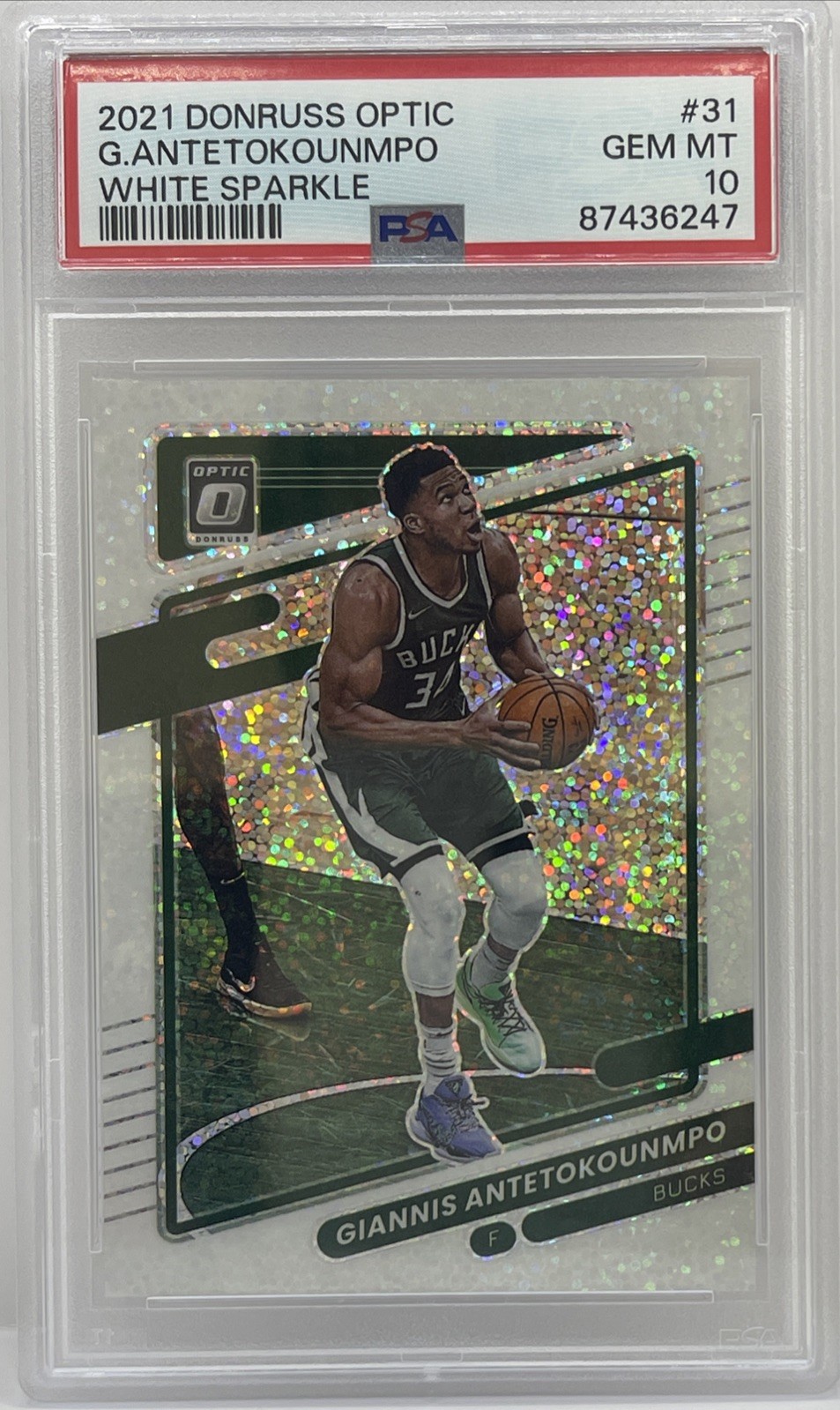 GIANNIS ANTETOKOUNMPO 2021 PANINI DONRUSS OPTIC #31 WHITE SPARKLE PRIZM PSA 10