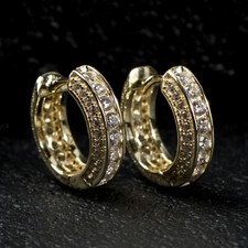 Men's Small Gold Plated Fully Iced Round Cut 5A Cz Sterling Silver Hoop Earrings