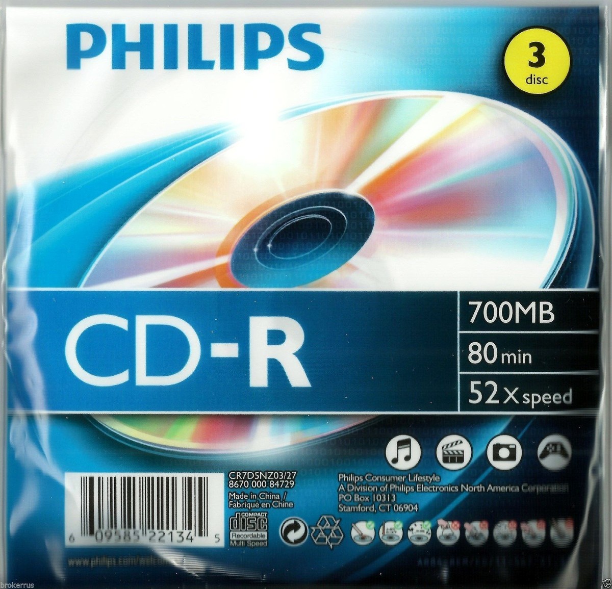 3 pack Philips CD-R 700MB 80min 52x Speed Discs 80 minutes cd