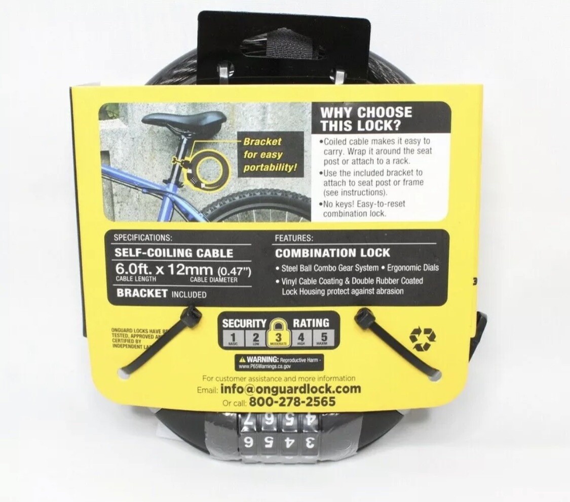 OnGuard 12mm High Security Level 3 6ft Combination Coil Cable Lock 5528 for  sale online | eBay