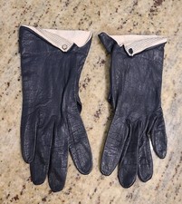 Vintage Size S Blue Leather 8" Gloves Nautical Look Fold over Wrist