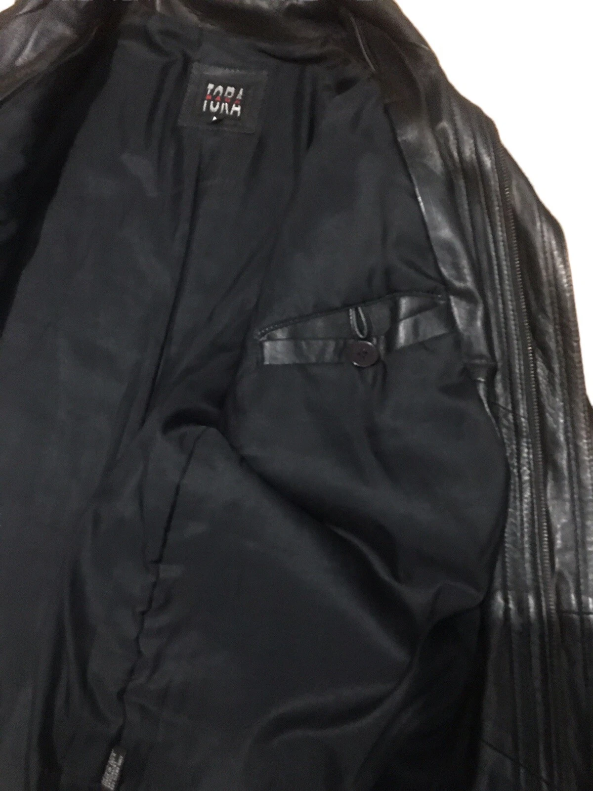 naga tora mens Black Business dress leather coat Mid Length 44” Vintage Medium image 5
