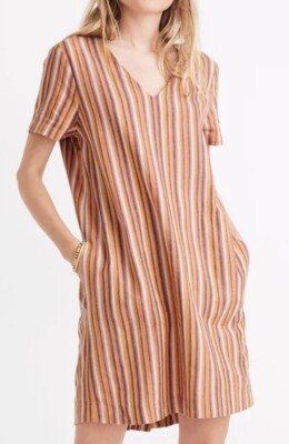 Madewell Dress Women s S Orange Button-Back 70s Rainbow Stripe Linen Blend