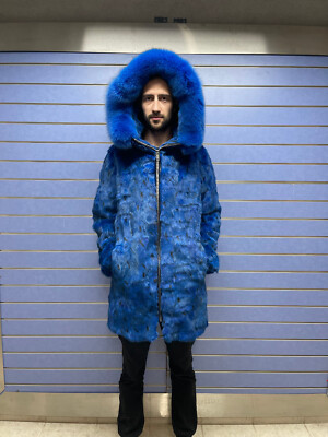Luxury Blue Fur Mens Coat Real Fur Coat Fox Hood Trim