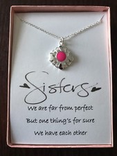 Love Heart Silver and Pink Pendant Necklace w/ poem For Sister