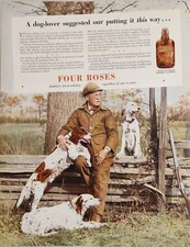 1936 Print Ad Four Roses Whiskey Man,Shotgun & Hunting Dogs & Wood Fence