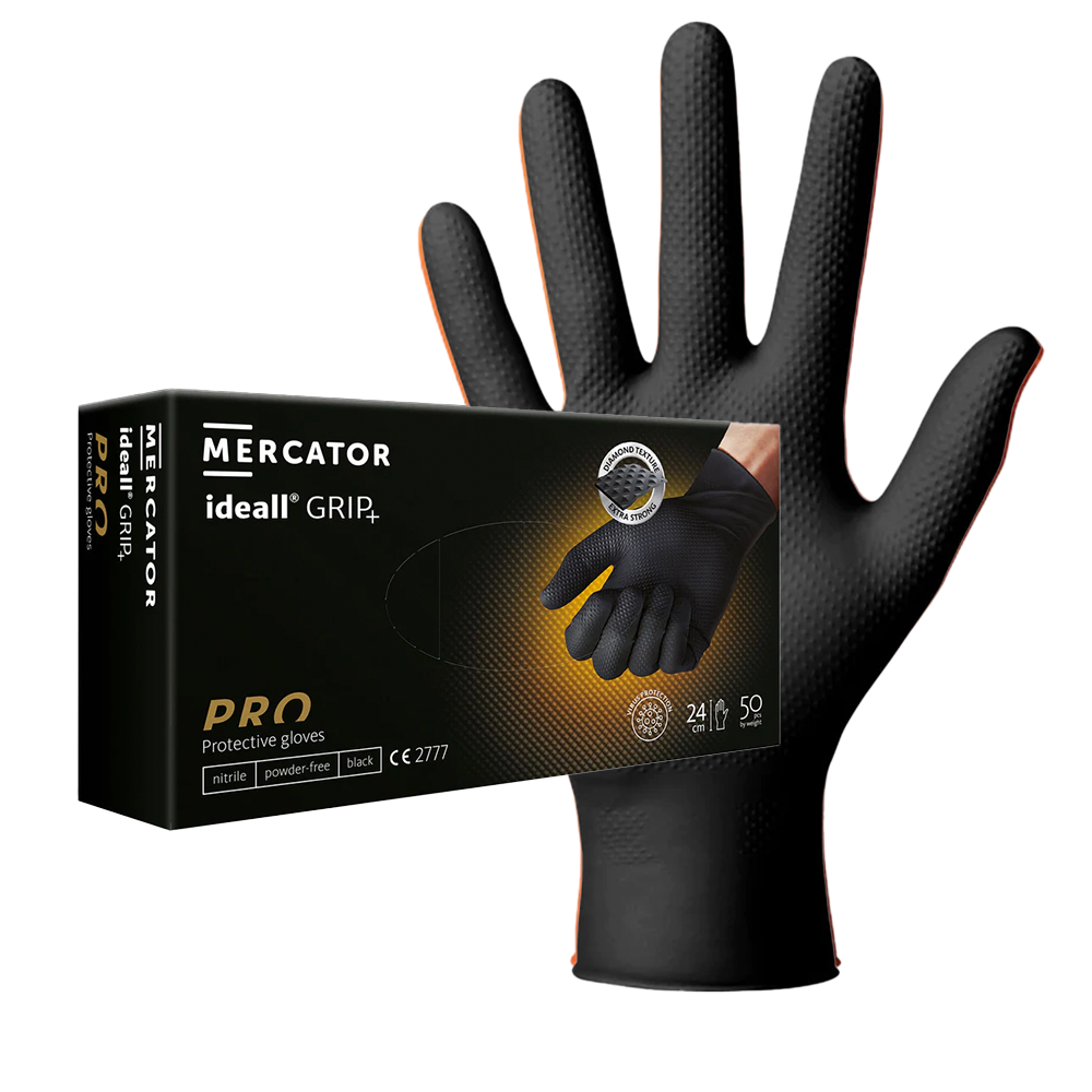 Heavy Duty Black Nitrile Gloves Mercator Ideall Grip MultiUse Strong