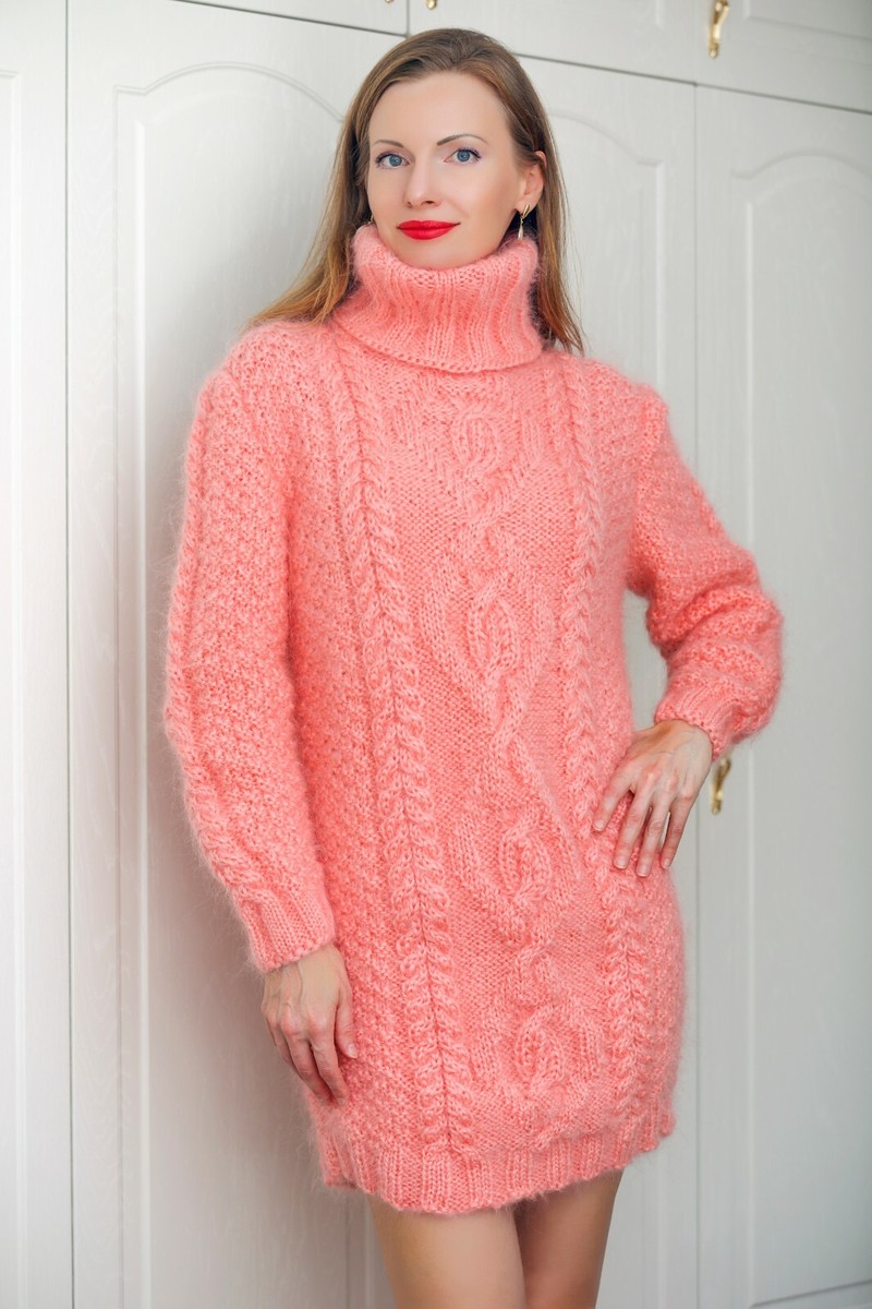 cable knit turtleneck dress Pink turtleneck sweater dress fuzzy hand knit fluffy cable tunic SuperTanya