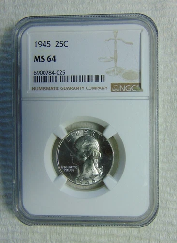 1945 WASHINGTON SILVER QUARTER ~ ENCAPSULATED NGC MS64