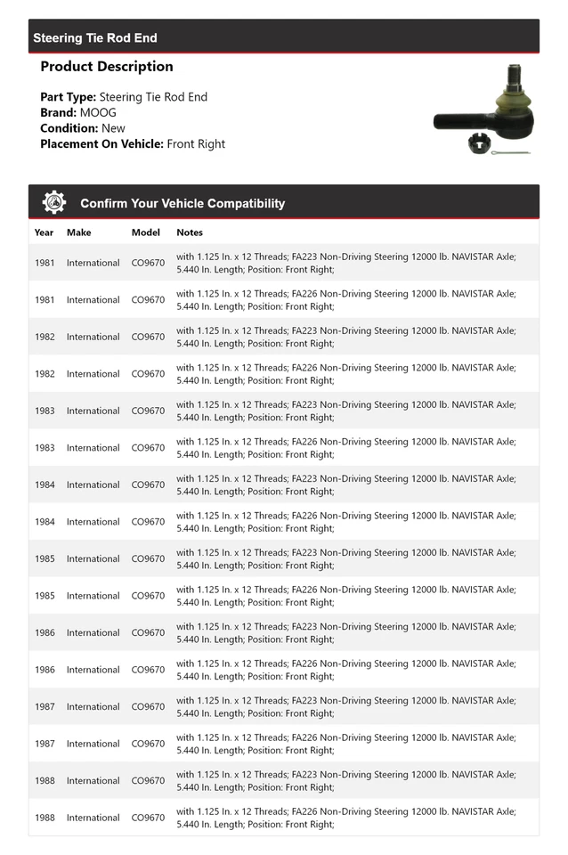 Barra de dirección delantera derecha MOOG 1981-1988 International CO9670 Foto 2 de 4