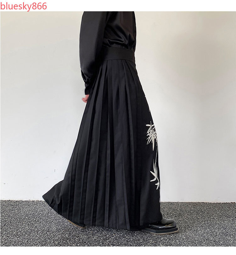 Chinese Pleated Horseface Skirt Unisex Embroidery Design Retro Wide