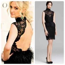 ALICE & OLIVIA Womens Size 0 or AU 4 Black Patricia lace Dress Ostrich Feather