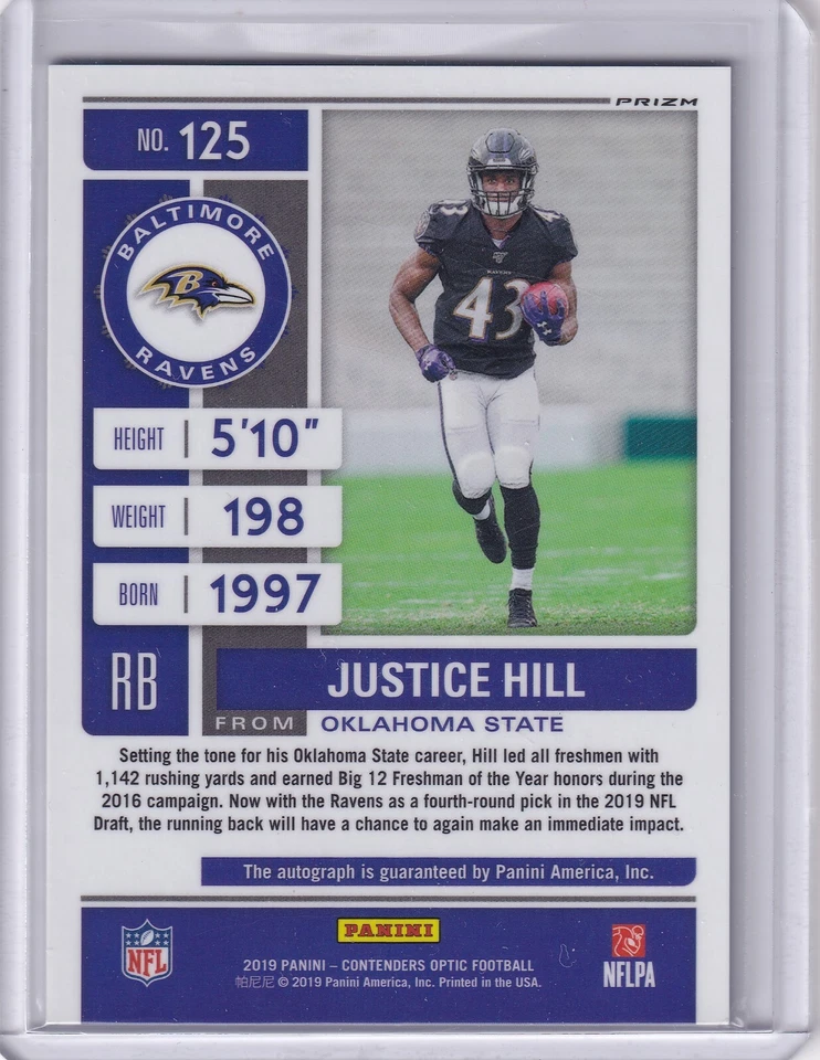 Justice Hill 2019 Panini Contenders Optic Silver Prizm Rookie Ticket Rc Auto - Image 2 of 2