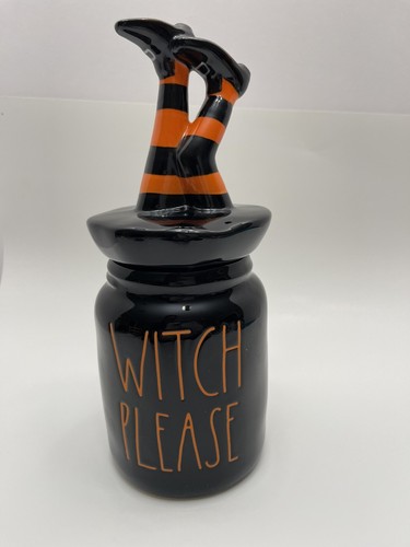 Rae Dunn WITCH PLEASE Black Canister W/ Witch Legs Topper Halloween Brand New - Picture 2 of 9