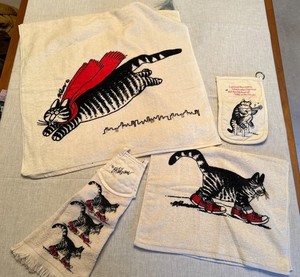Kliban Cat 1980s Set Kitchen Towel Hot Mitt Bath Towel Hand Towel