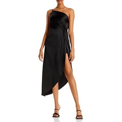 AQUA Black Cocktail Dress Satin One Shoulder High Low Midi Shift Size Small
