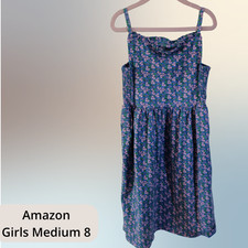 Amazon Essentials Girls Floral Blue Cotton Midi Dress Size 8 Sleeveless EUC