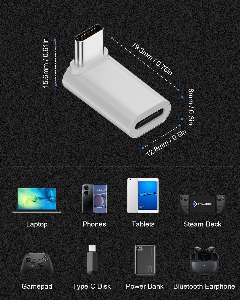USB C naar USB C Adapter 90 graden (2 stuks), USB Type-C 3.1 Vrouwelijk naar Mannelijk Elleboog OTG Adapters Rechte hoek Compatibel met MacBook, iPhone 17/16/15, Samsung Galaxy, Type-C telefoons, iPad