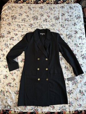 NWT Sharagano Size 4 Double Breasted Jacket Long Blqck Gold Button Preppy