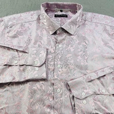 Barry Wang Shirt Mens 2XL Pink Silver Floral Jacquard Button Up Long Sleeve Silk
