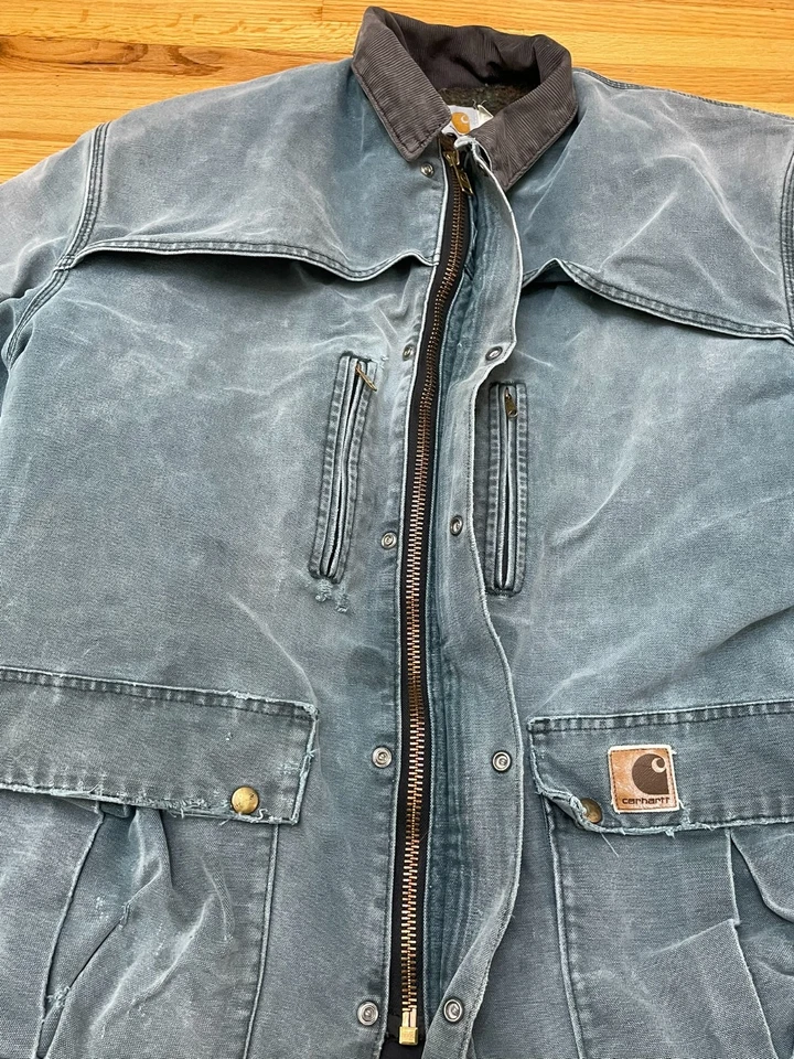 Chaqueta de Trabajo Carhartt Para Hombre 40 Lona Verde Azulado Manta Forrada Cuello Pana De Colección Foto 4 de 4