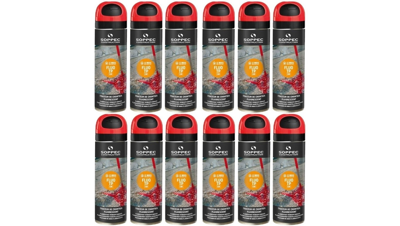 5905954920037 Farba geodezyjna do znakowania spray czerwona 12 sztuk SOPPEC Fluo