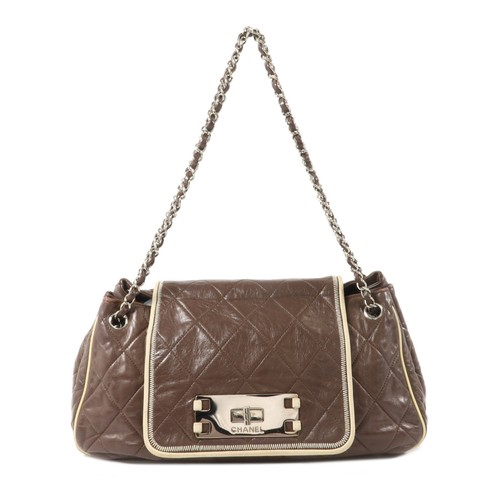 CHANEL CC SHW East West Accordion Flap Shoulder Bag Calfskin Leather Brown