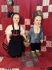 Antique Surprise Face Felt Cloth Dolls Regional Clothing