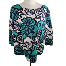 Boden Top Sz 16 XL Penelope Floral Print Cotton Stretch Top Turquoise Navy