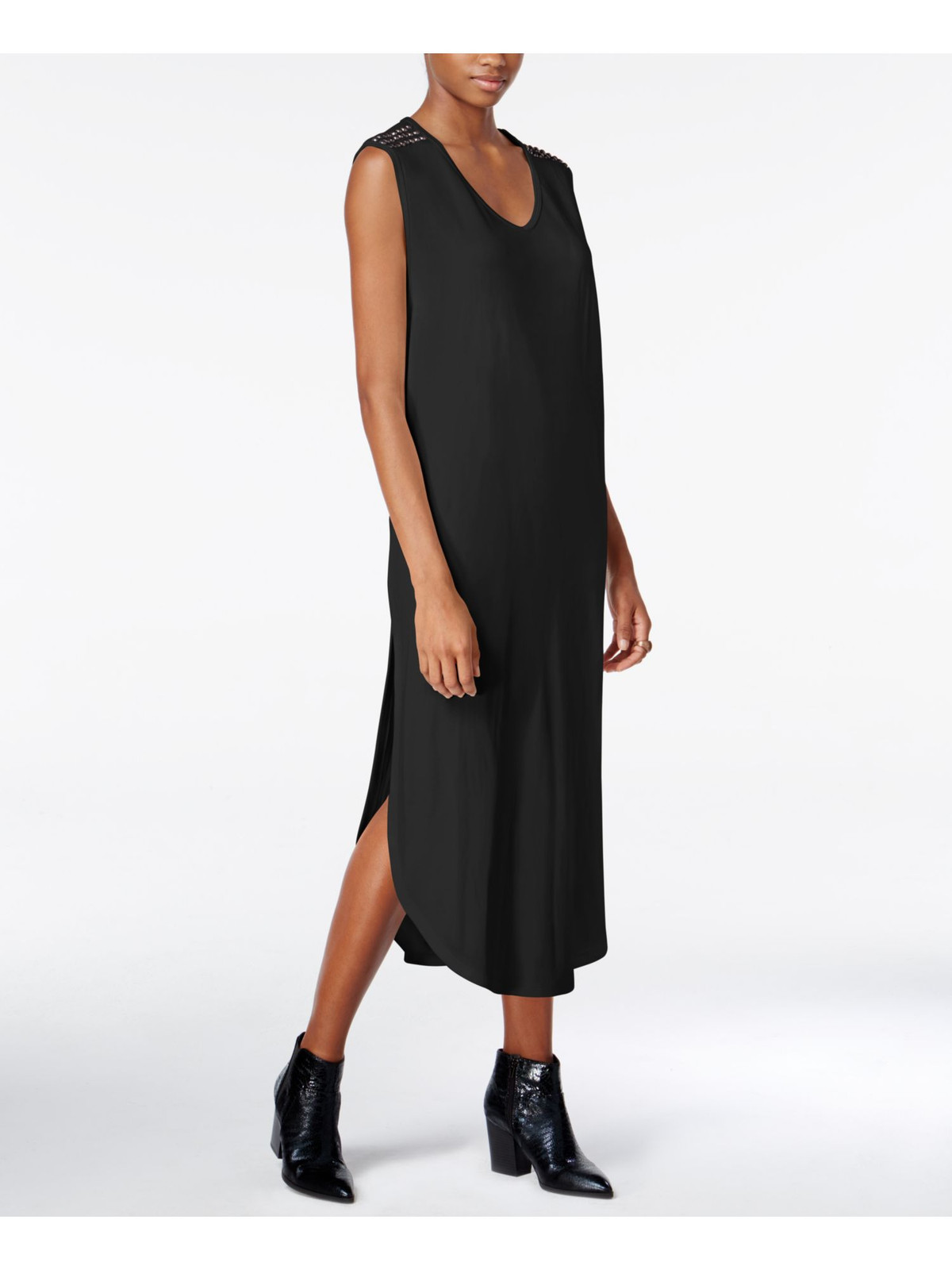 BAR III Womens Black Beaded Sleeveless V Neck Midi Shift Dress Size: S