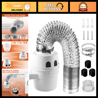 Indoor Dryer Vent Kit 4'' with 5ft Duct Hose & 3-in-1 Filter Bucket for Electric