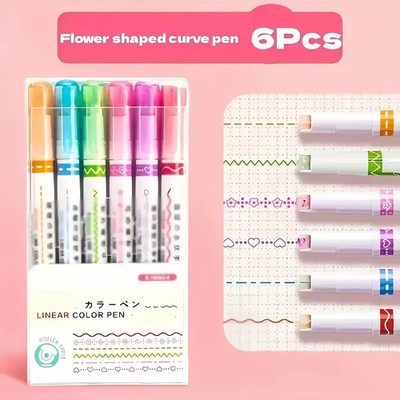 6PCS Flower Shaped Outline Pens, Multi-Colored, 6 Patterns, for Handwriting