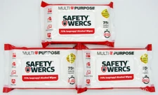3pk Safety Wercs Multipurpose 75% Isopropyl Alcohol Cleaning Wipes (50 count ea)