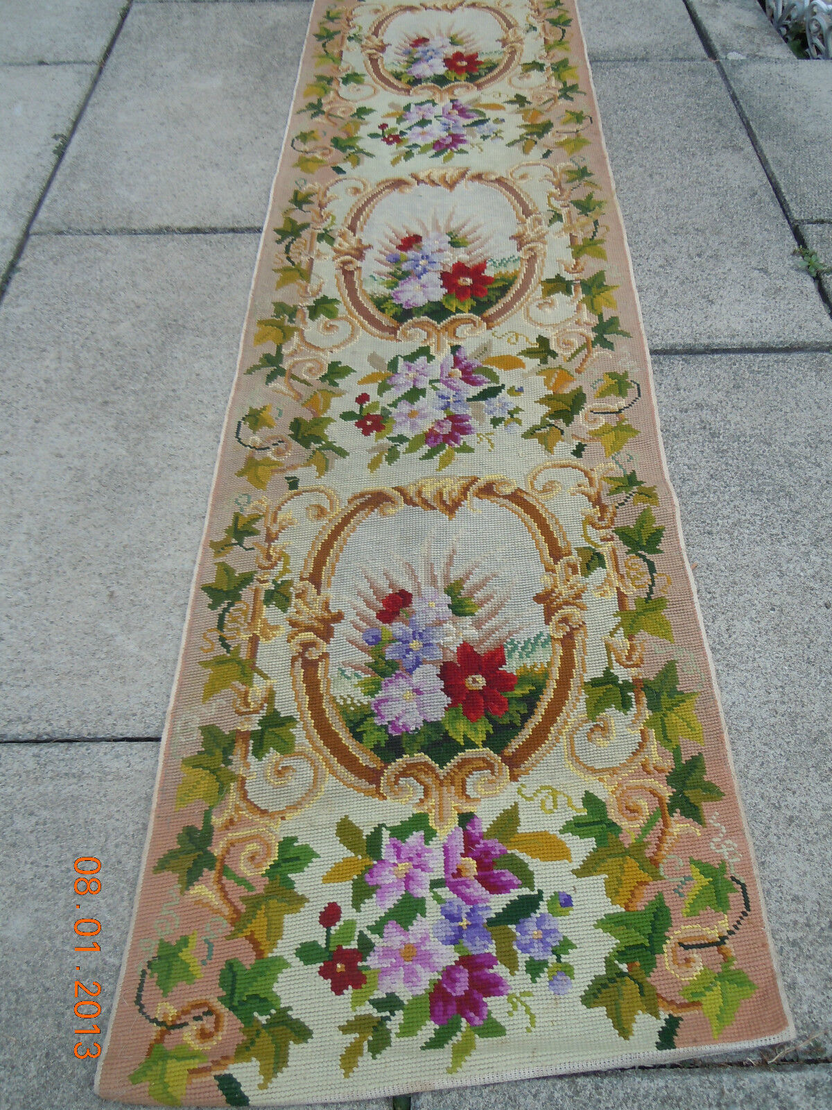 OLD French Floral Garland Bouquets Medallion Tapestry Needlepoint 10 ft Runner