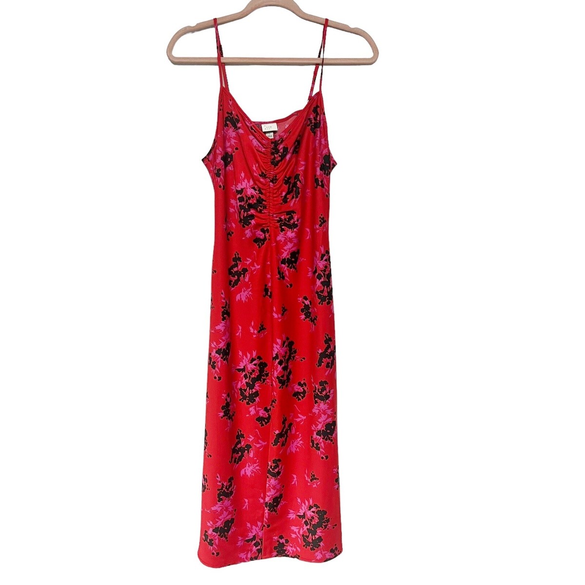 A New Day Womens Ruched Slip Midi Dress Medium Red Floral