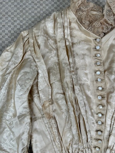 Antique Edwardian White Floral Silk Brocade Jacket Bodice boning buttons AS IS - Picture 5 of 24