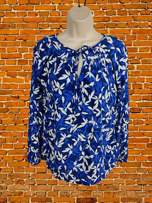 CREW CLOTHING GRÖßE UK 12 BLAU BLUSE OBERTEIL BINDEBAND AUSSCHNITT DRUCK FREIZEIT LANGARM DAMEN