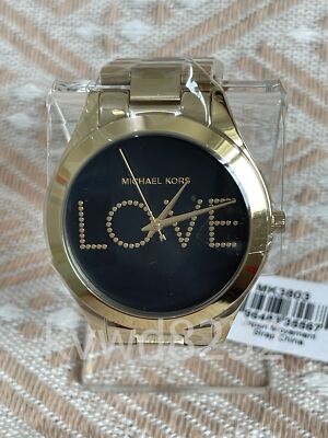MICHAEL KORS ゴールド ブラック 時計 ラバー New Michael Kors MK3803 Slim Runway Black Dial Gold Bracelet
