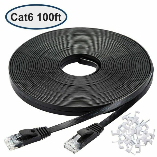 Cat 6 Cable 100 FT Black Flat With Clips High Speed 2day Ship