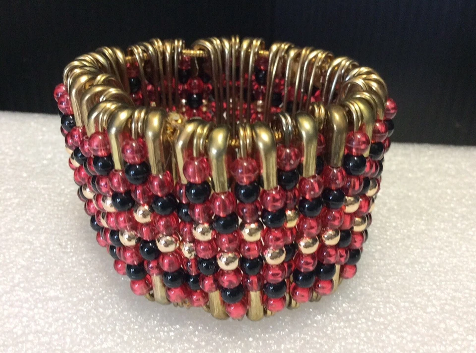 HECHO A MANO CAÍDA Tono Dorado Elastizado Seguridad Pin Pulsera Quemado Naranja Negro Dorado NUEVO Foto 3 de 3