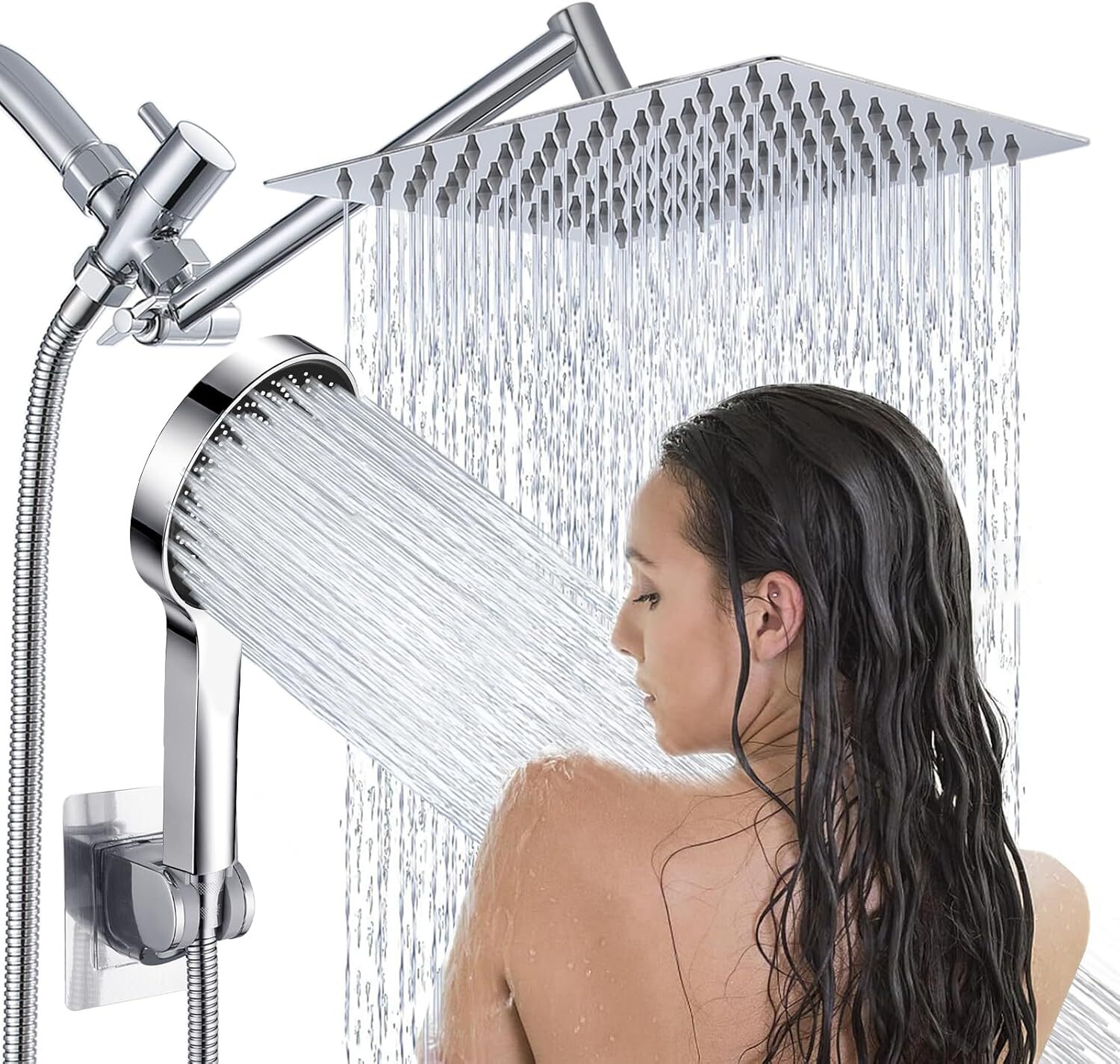 8 Inch Rainfall Shower Head with 11 Inch Adjustable Bracket and Handheld Spray Combo