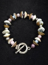 Beachy Coastal Spiral Sea Shell Multi Color Pearl Bead Toggle Bracelet 7.5 in