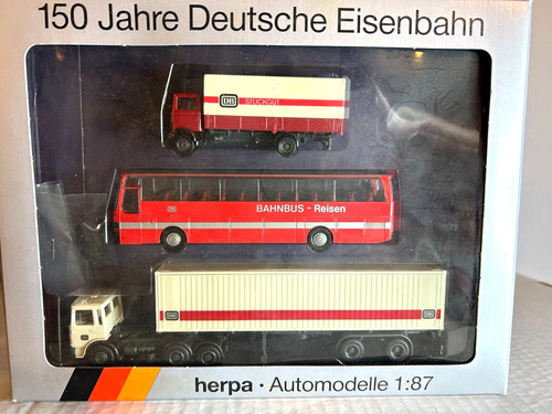 HERPA #7542 3 - Juego de vehículos -- 2 camiones DB y 1 autobús ferroviario - autobús de viaje H.O. 1:87 | Zustand: New