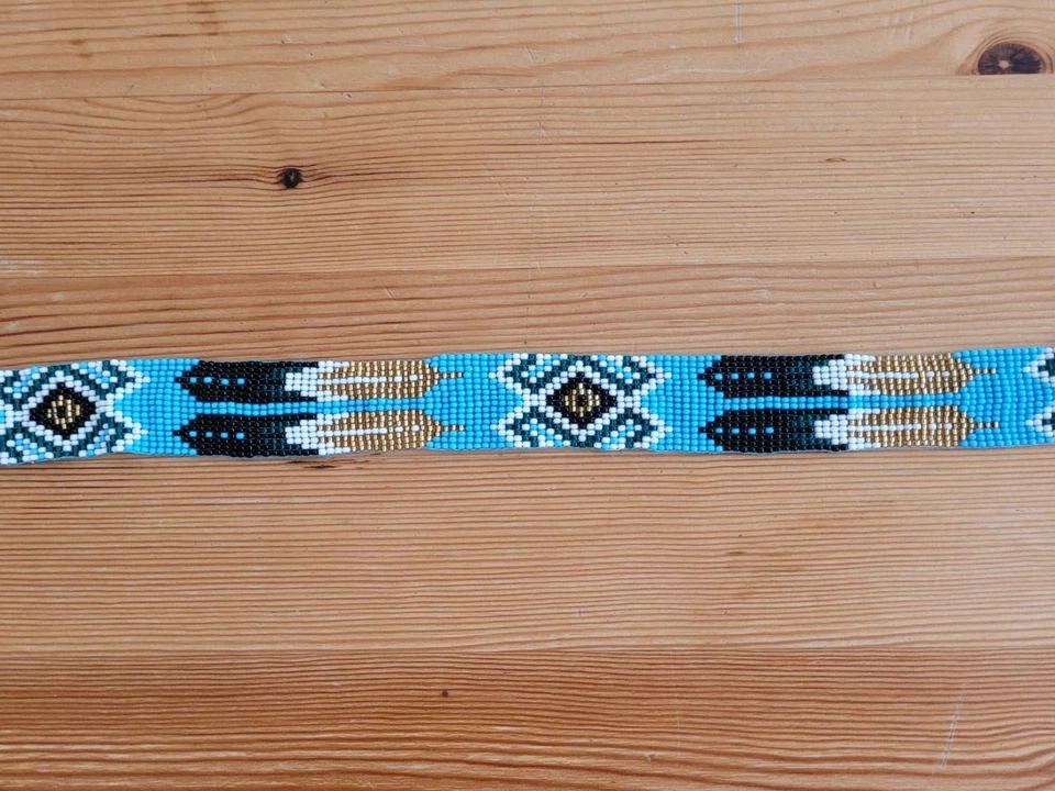 Banda de sombrero con cuentas de semillas occidentales banda de sombrero de vaquero azul y dorado banda de sombrero de pluma Foto 4 de 4