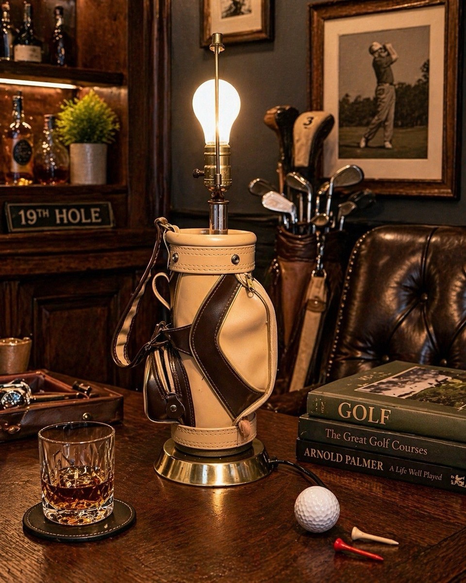 貴重レア！アメリカヴィンテージ　ゴルフバッグの卓上ランプ　GOLFインテリア照明 Vintage Golf Bag Table Lamp Tan Brown Leather Mini Golf Bag Lamp