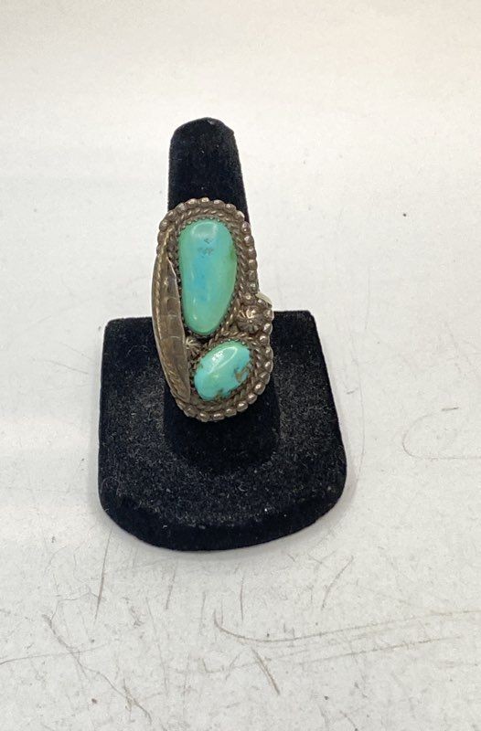 Sterling Silver 925 Turquoise Ring Southwestern Leaf Motif Size 5 8.5g