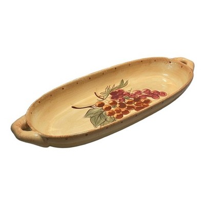 Grape Pattern Ceramic Bread Fruit Bowl 15.5'' Tan Serving Tray Platter Excellent