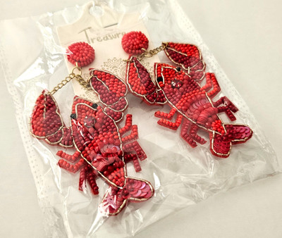Red Beaded Lobster Earrings Crawfish Seed bead drop Earrings 3.75'' NEW